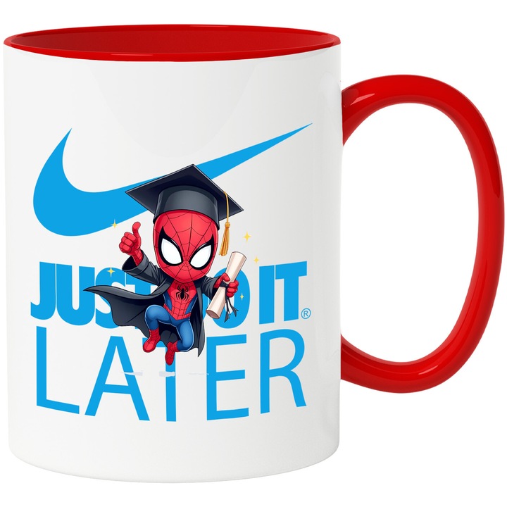 Cana Cu SpiderMan, Cu Textul "Nike Just Do It Later" - Design 2, Ceramica, 330ML, Cu Maner si Interior Rosu