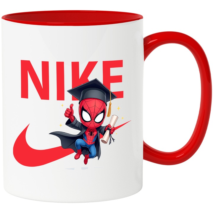 Cana Cu SpiderMan, Cu Textul "Nike" - Design 2, Ceramica, 330ML, Cu Maner si Interior Rosu
