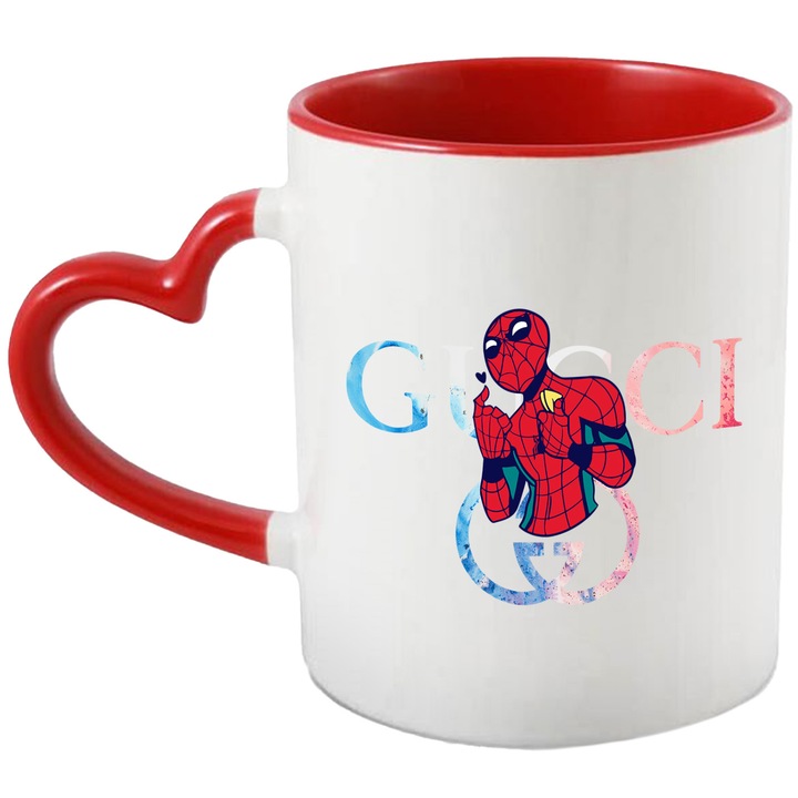 Cana Cu SpiderMan, Cu Textul "Gucci" - Design 3, Ceramica, 330ML, Cu Maner Inima Rosie si Interior Rosu