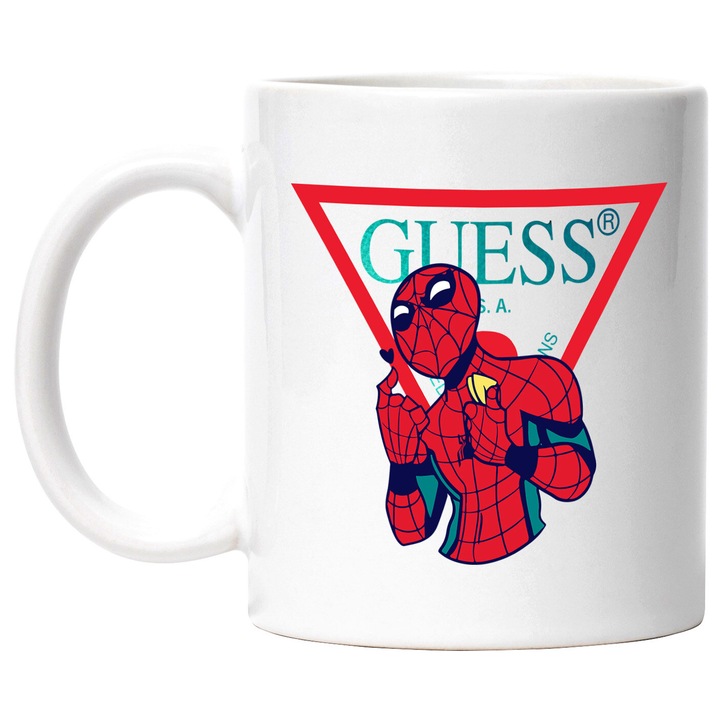 Cana Cu SpiderMan, Cu Textul "Guess" - Design 3, Ceramica, 330ML, Cu Maner si Interior Alb