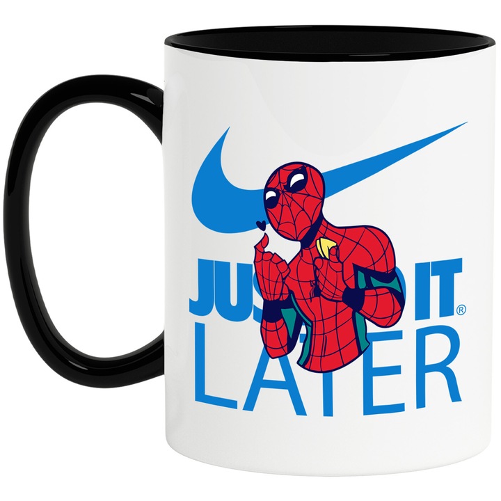 Cana Cu SpiderMan, Cu Textul "Nike Just Do It Later" - Design 3, Ceramica, 330ML, Cu Maner si Interior Negru