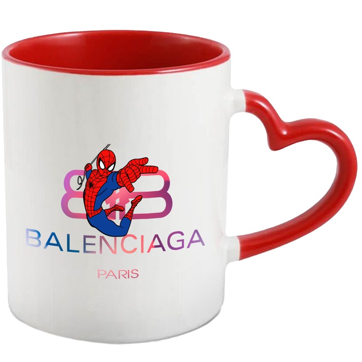 Cana Cu SpiderMan, Cu Textul "Balenciaga Paris" - Design 4, Ceramica, 330ML, Cu Maner Inima Rosie si Interior Rosu