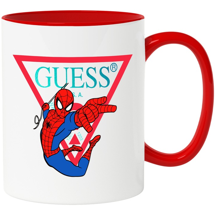 Cana Cu SpiderMan, Cu Textul "Guess" - Design 4, Ceramica, 330ML, Cu Maner si Interior Rosu