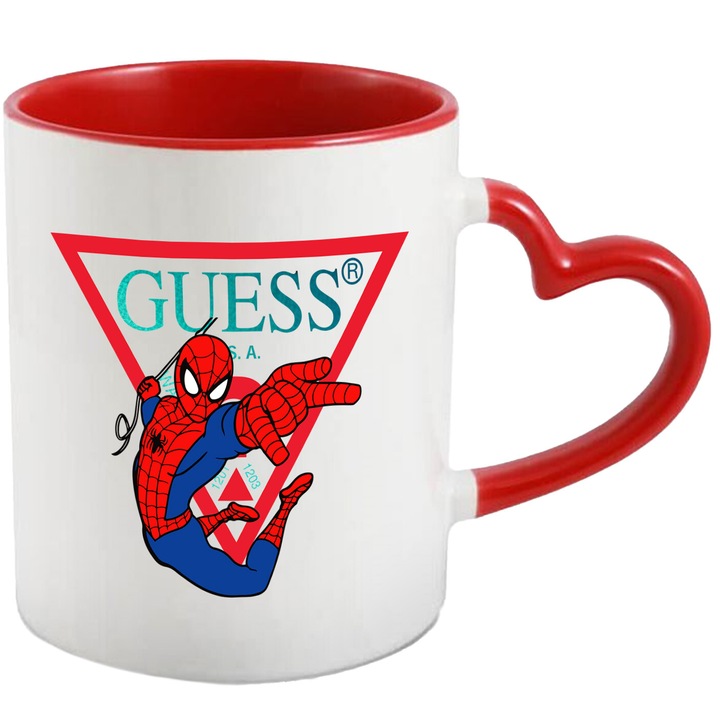 Cana Cu SpiderMan, Cu Textul "Guess" - Design 4, Ceramica, 330ML, Cu Maner Inima Rosie si Interior Rosu