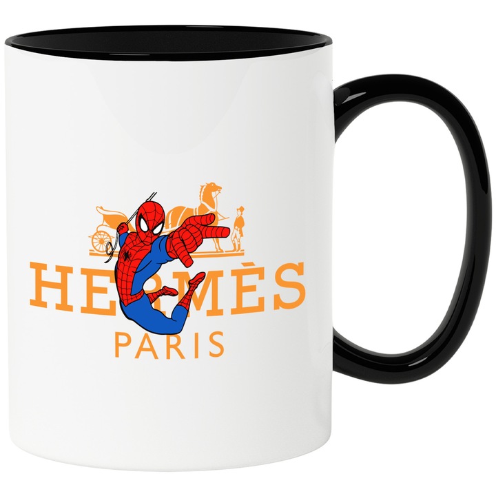 Cana Cu SpiderMan, Cu Textul "Hermes Paris" - Design 4, Ceramica, 330ML, Cu Maner si Interior Negru