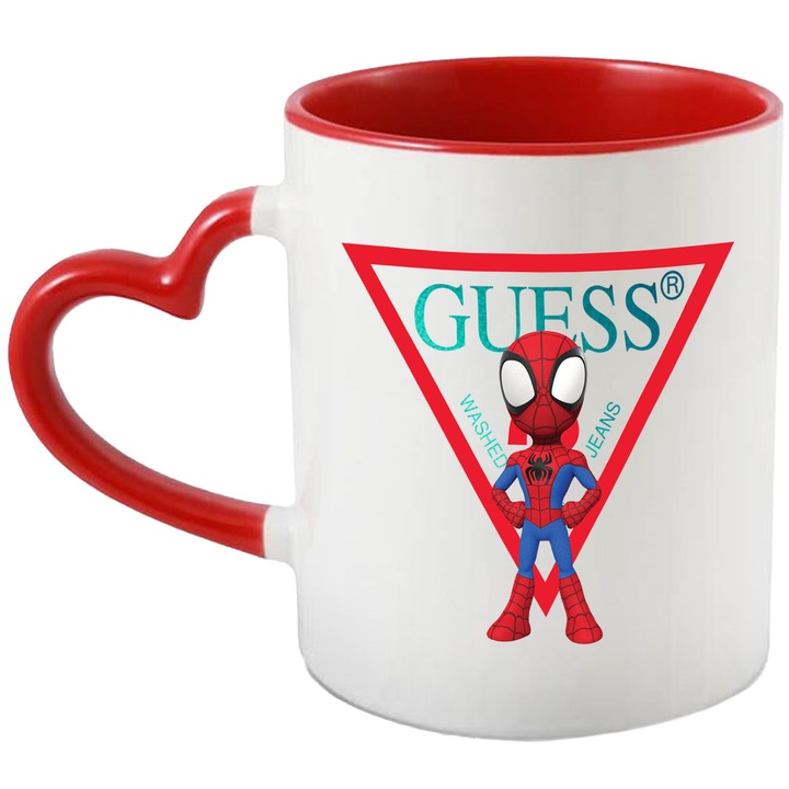 Cana Cu SpiderMan, Cu Textul "Guess" - Design 6, Ceramica, 330ML, Cu Maner Inima Rosie si Interior Rosu