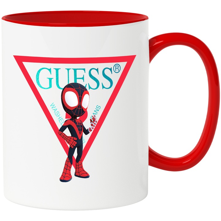 Cana Cu SpiderMan, Cu Textul "Guess" - Design 7, Ceramica, 330ML, Cu Maner si Interior Rosu