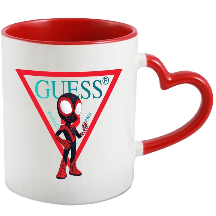 Cana Cu SpiderMan, Cu Textul "Guess" - Design 7, Ceramica, 330ML, Cu Maner Inima Rosie si Interior Rosu