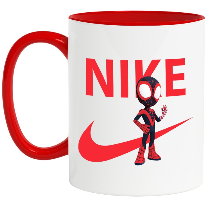 Cana Cu SpiderMan, Cu Textul "Nike" - Design 7, Ceramica, 330ML, Cu Maner si Interior Rosu