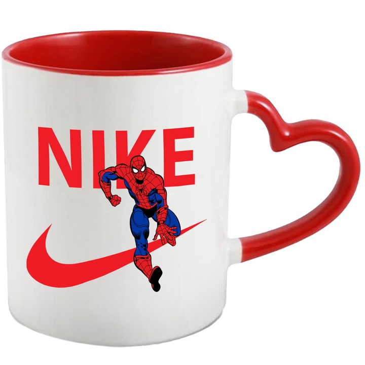 Cana Cu SpiderMan, Cu Textul "Nike" - Design 8, Ceramica, 330ML, Cu Maner Inima Rosie si Interior Rosu