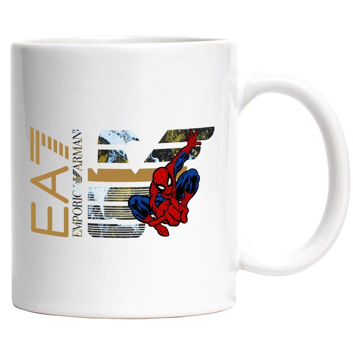 Cana Cu SpiderMan, Cu Textul "Emporio Armani EA" - Design 9, Ceramica, 330ML, Cu Maner si Interior Alb