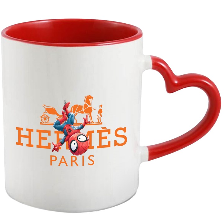 Cana Cu SpiderMan, Cu Textul "Hermes Paris" - Design 10, Ceramica, 330ML, Cu Maner Inima Rosie si Interior Rosu