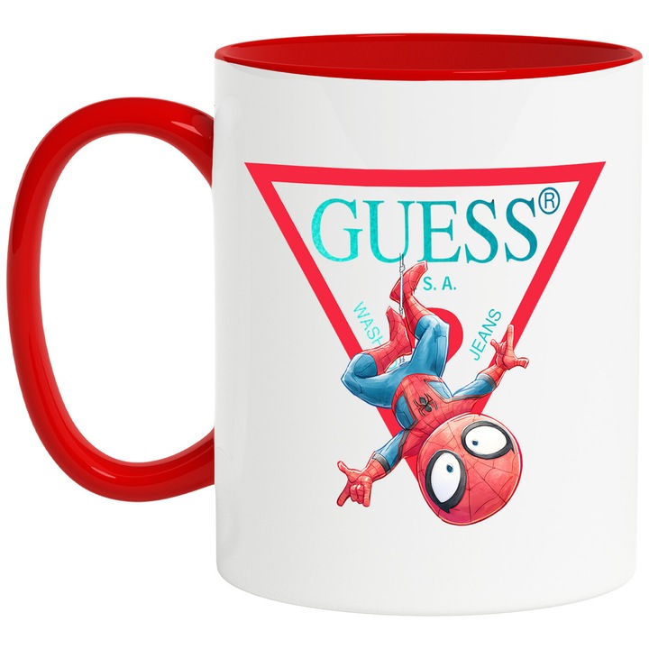 Cana Cu SpiderMan, Cu Textul "Guess" - Design 10, Ceramica, 330ML, Cu Maner si Interior Rosu