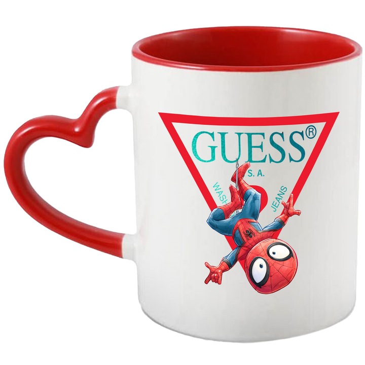 Cana Cu SpiderMan, Cu Textul "Guess" - Design 10, Ceramica, 330ML, Cu Maner Inima Rosie si Interior Rosu