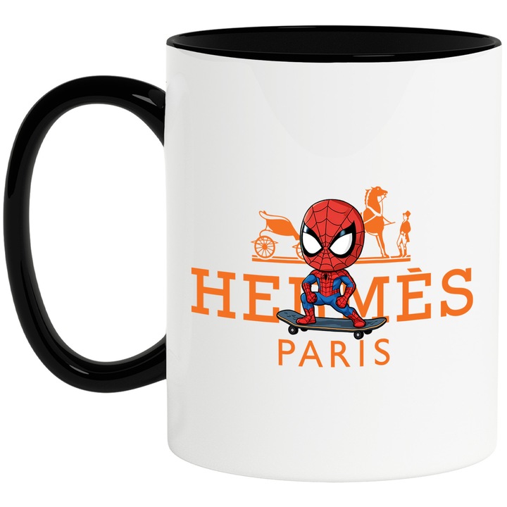 Cana Cu SpiderMan, Cu Textul "Hermes Paris" - Design 11, Ceramica, 330ML, Cu Maner si Interior Negru