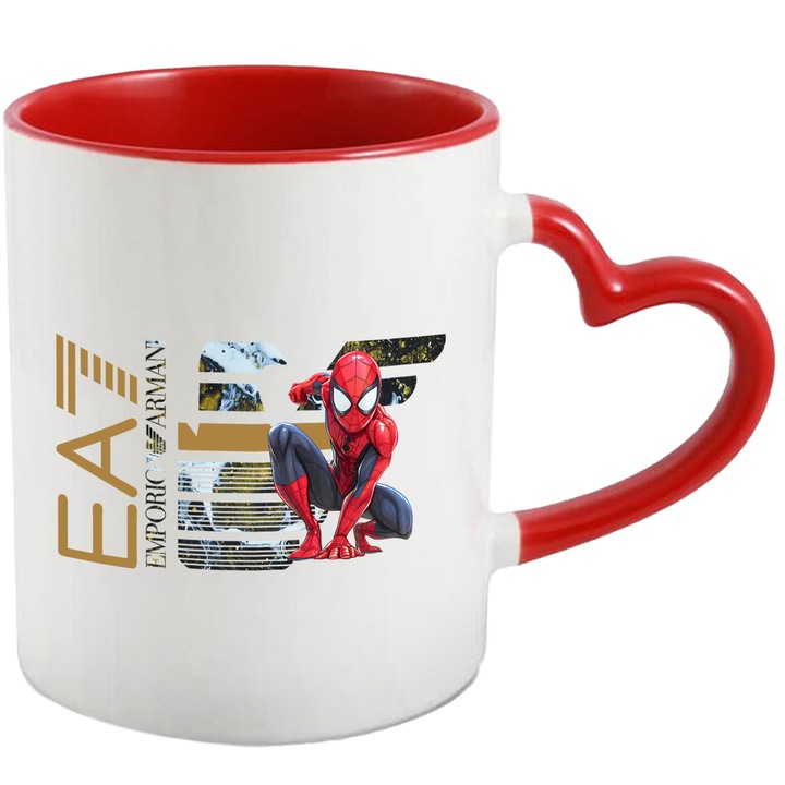 Cana Cu SpiderMan, Cu Textul "Emporio Armani EA" - Design 13, Ceramica, 330ML, Cu Maner Inima Rosie si Interior Rosu