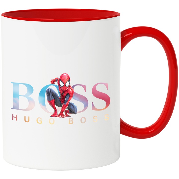 Cana Cu SpiderMan, Cu Textul "Hugo Boss" - Design 13, Ceramica, 330ML, Cu Maner si Interior Rosu