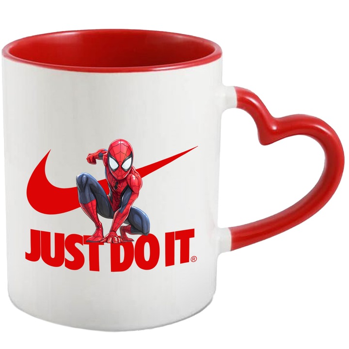Cana Cu SpiderMan, Cu Textul "Nike Just Do It" - Design 13, Ceramica, 330ML, Cu Maner Inima Rosie si Interior Rosu