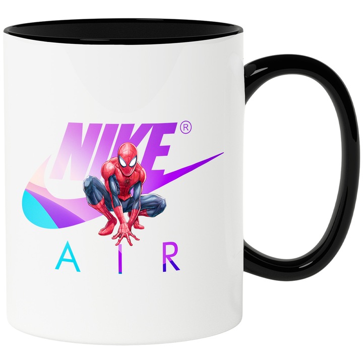 Cana Cu SpiderMan, Cu Textul "Nike Air" - Design 14, Ceramica, 330ML, Cu Maner si Interior Negru