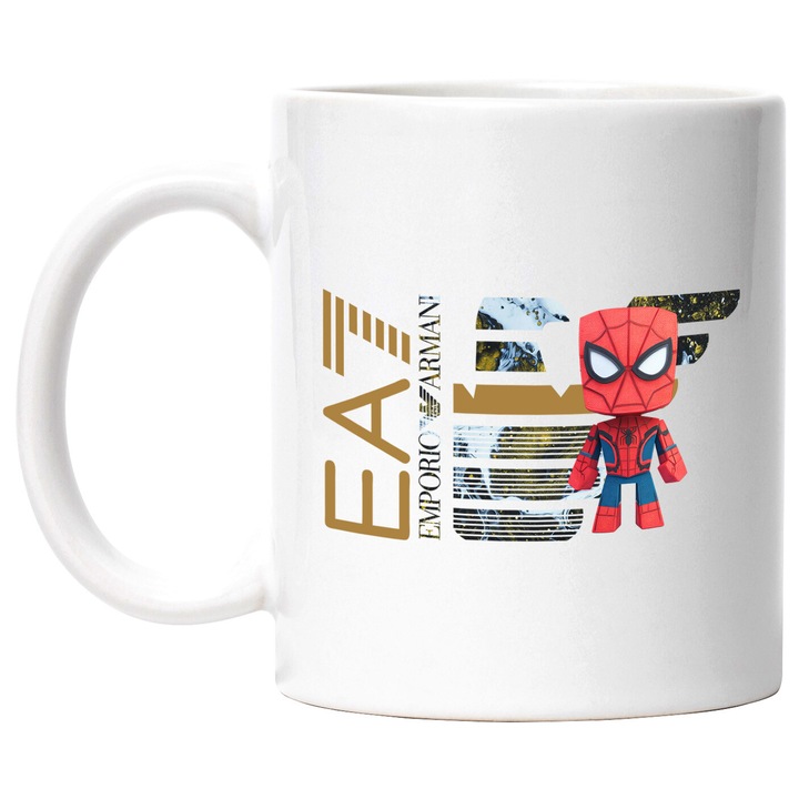 Cana Cu SpiderMan, Cu Textul "Emporio Armani EA" - Design 15, Ceramica, 330ML, Cu Maner si Interior Alb