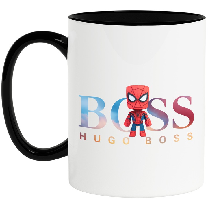 Cana Cu SpiderMan, Cu Textul "Hugo Boss" - Design 15, Ceramica, 330ML, Cu Maner si Interior Negru