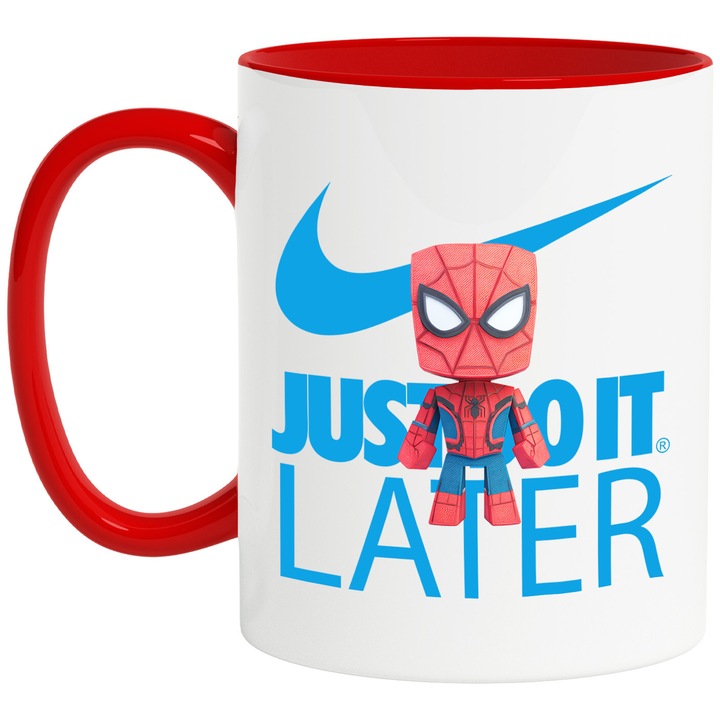 Cana Cu SpiderMan, Cu Textul "Nike Just Do It Later" - Design 15, Ceramica, 330ML, Cu Maner si Interior Rosu