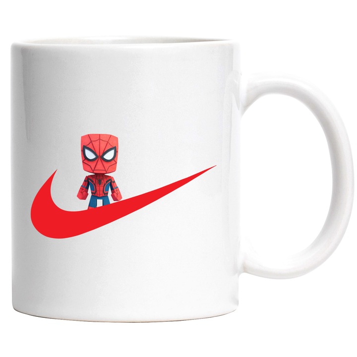 Cana Cu SpiderMan, Cu Textul "Nike" - Design 15, Ceramica, 330ML, Cu Maner si Interior Alb