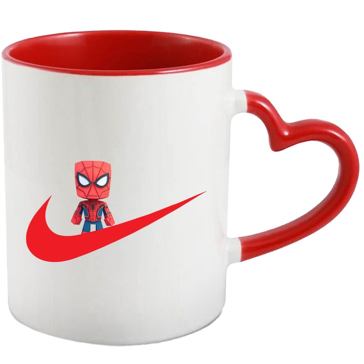 Cana Cu SpiderMan, Cu Textul "Nike" - Design 15, Ceramica, 330ML, Cu Maner Inima Rosie si Interior Rosu