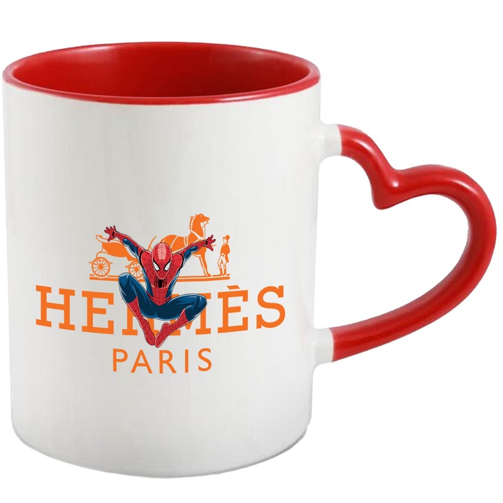 Cana Cu SpiderMan, Cu Textul "Hermes Paris" - Design 16, Ceramica, 330ML, Cu Maner Inima Rosie si Interior Rosu