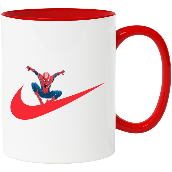 Cana Cu SpiderMan, Cu Textul "Nike" - Design 16, Ceramica, 330ML, Cu Maner si Interior Rosu