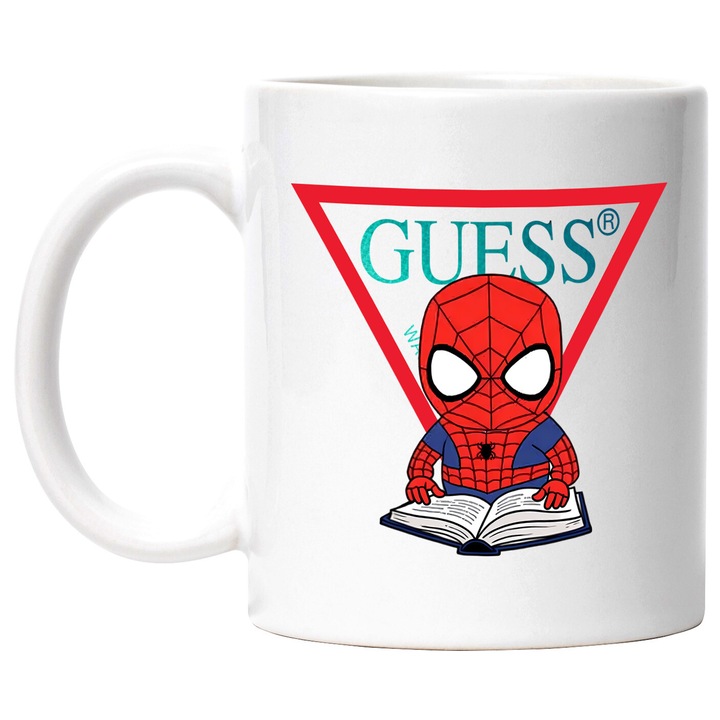 Cana Cu SpiderMan, Cu Textul "Guess" - Design 17, Ceramica, 330ML, Cu Maner si Interior Alb