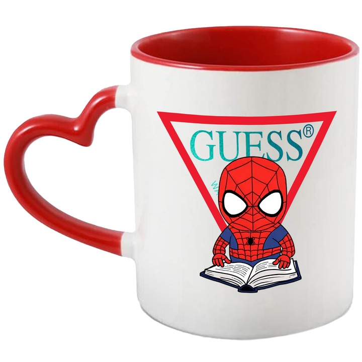 Cana Cu SpiderMan, Cu Textul "Guess" - Design 17, Ceramica, 330ML, Cu Maner Inima Rosie si Interior Rosu