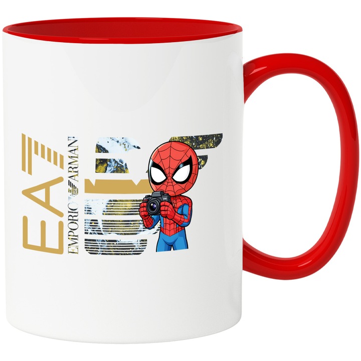 Cana Cu SpiderMan, Cu Textul "Emporio Armani EA" - Design 18, Ceramica, 330ML, Cu Maner si Interior Rosu