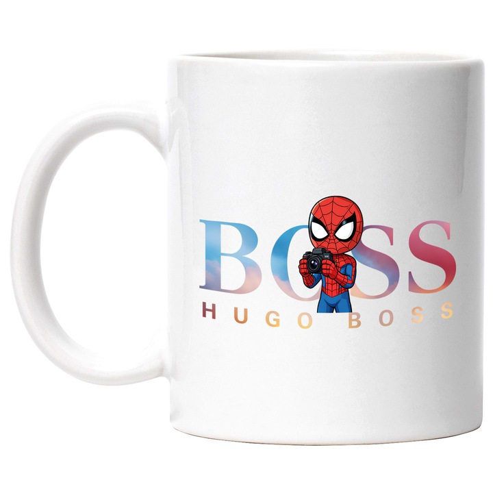Cana Cu SpiderMan, Cu Textul "Hugo Boss" - Design 18, Ceramica, 330ML, Cu Maner si Interior Alb