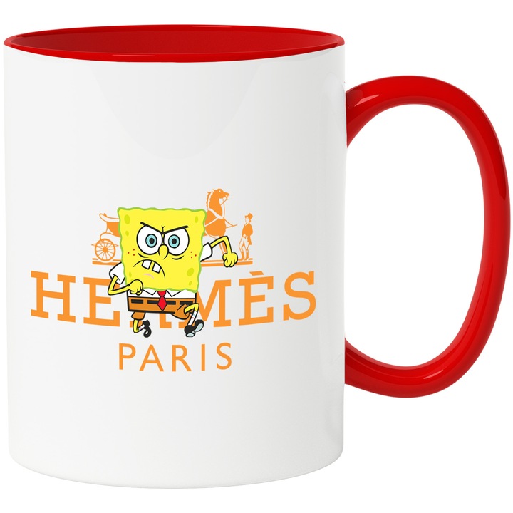Cana Cu Spongebob, Cu Textul "Hermes Paris" - Design 3, Ceramica, 330ML, Cu Maner si Interior Rosu