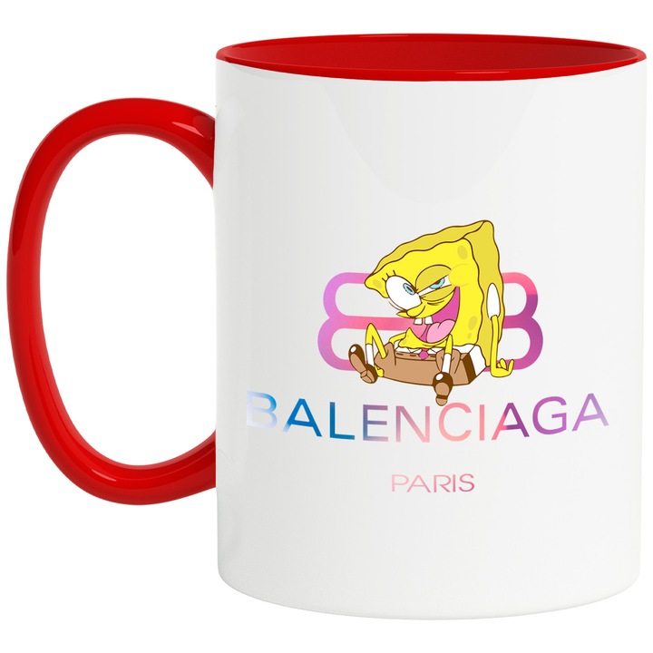 Cana Cu Spongebob, Cu Textul "Balenciaga Paris" - Design 8, Ceramica, 330ML, Cu Maner si Interior Rosu