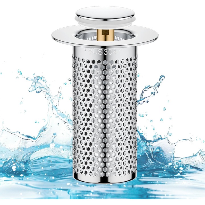 Сифон за мивка, неръждаема стомана, с филтър и гумен пръстен, 2.79-3.81см