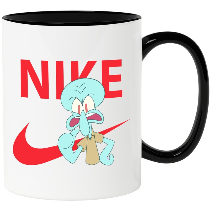 Cana Cu Spongebob, Cu Textul "Nike" - Design 10, Ceramica, 330ML, Cu Maner si Interior Negru