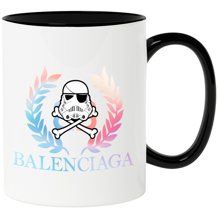 Cana Cu Starwars, Cu Textul "Balenciaga" - Design 1, Ceramica, 330ML, Cu Maner si Interior Negru