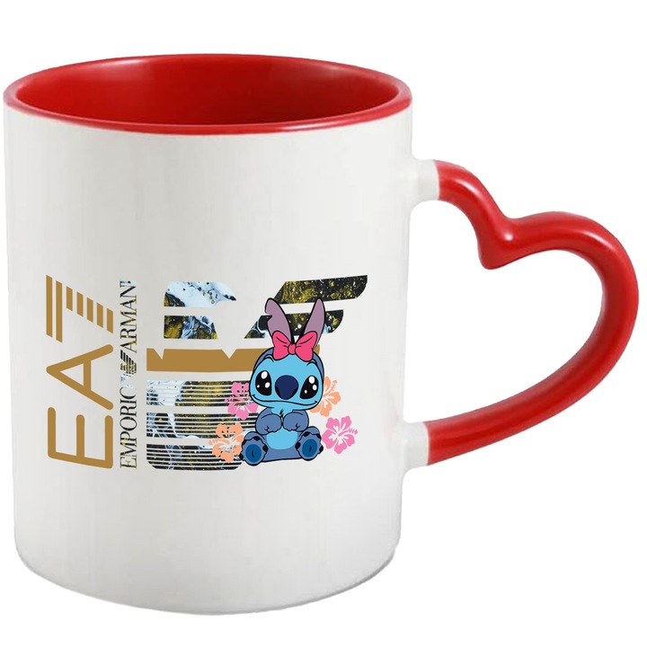 Cana Cu Stitch, Cu Textul "Emporio Armani EA" - Design 1, Ceramica, 330ML, Cu Maner Inima Rosie si Interior Rosu