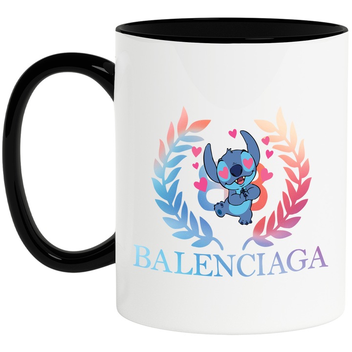 Cana Cu Stitch, Cu Textul "Balenciaga" - Design 2, Ceramica, 330ML, Cu Maner si Interior Negru