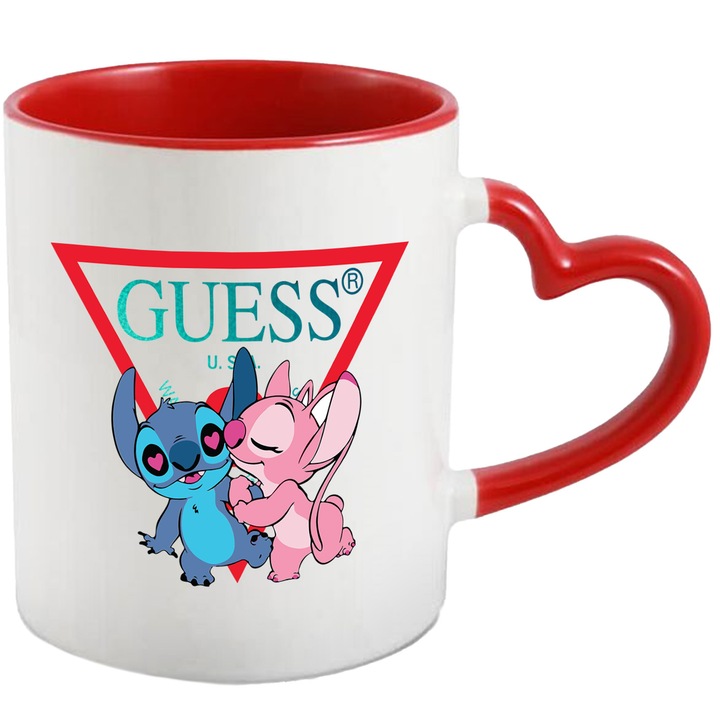 Cana Cu Stitch, Cu Textul "Guess" - Design 4, Ceramica, 330ML, Cu Maner Inima Rosie si Interior Rosu