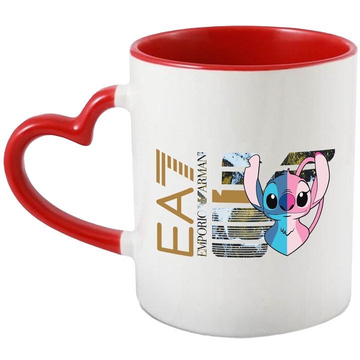 Cana Cu Stitch, Cu Textul "Emporio Armani EA" - Design 5, Ceramica, 330ML, Cu Maner Inima Rosie si Interior Rosu