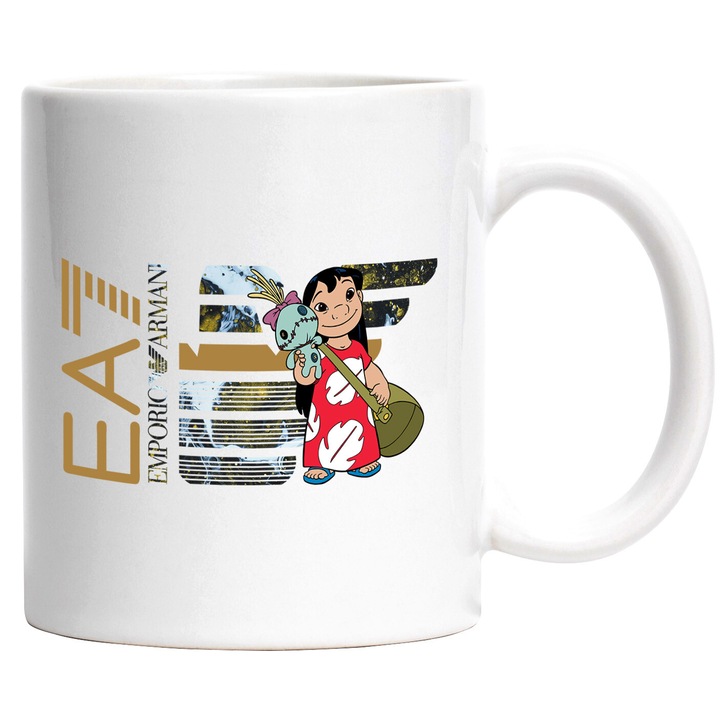 Cana Cu Stitch, Cu Textul "Emporio Armani EA" - Design 6, Ceramica, 330ML, Cu Maner si Interior Alb
