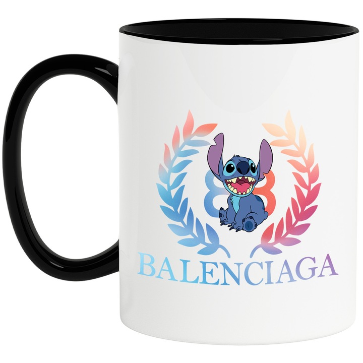 Cana Cu Stitch, Cu Textul "Balenciaga" - Design 8, Ceramica, 330ML, Cu Maner si Interior Negru