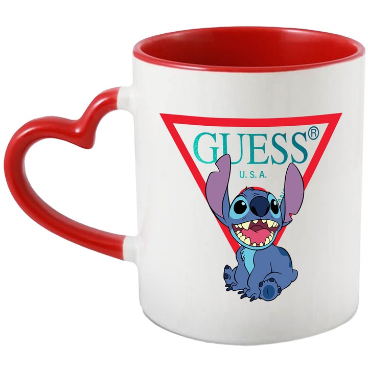 Cana Cu Stitch, Cu Textul "Guess" - Design 8, Ceramica, 330ML, Cu Maner Inima Rosie si Interior Rosu