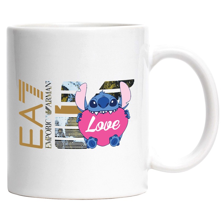 Cana Cu Stitch, Cu Textul "Emporio Armani EA" - Design 9, Ceramica, 330ML, Cu Maner si Interior Alb