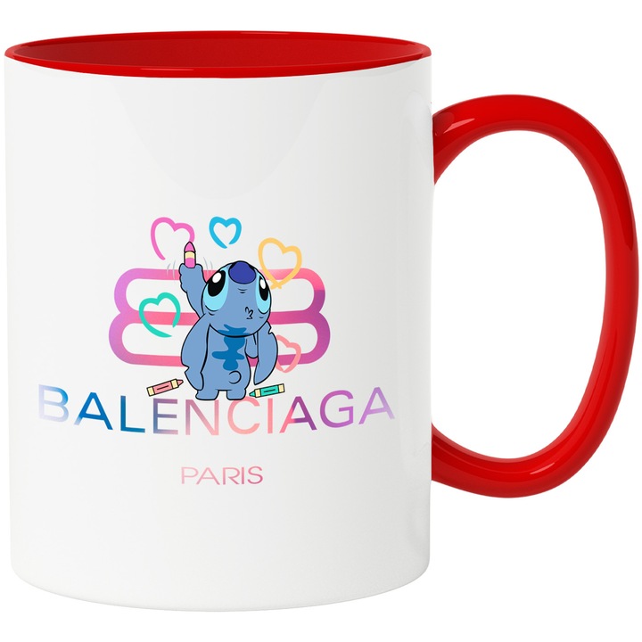 Cana Cu Stitch, Cu Textul "Balenciaga Paris" - Design 11, Ceramica, 330ML, Cu Maner si Interior Rosu