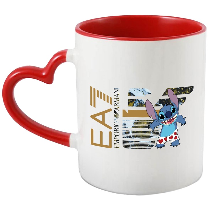 Cana Cu Stitch, Cu Textul "Emporio Armani EA" - Design 14, Ceramica, 330ML, Cu Maner Inima Rosie si Interior Rosu