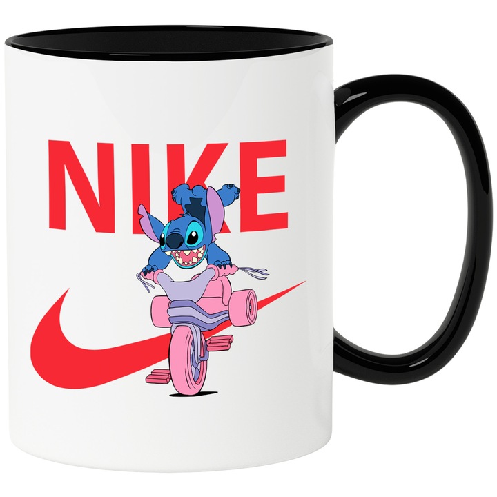 Cana Cu Stitch, Cu Textul "Nike" - Design 17, Ceramica, 330ML, Cu Maner si Interior Negru